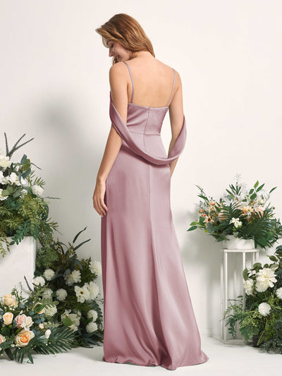 Carlyna Freya Mermaid Rose Quartz Satin Bridesmaid Dress Maxi Sleeveless V-Neck Dress Back View #color_rose-quartz