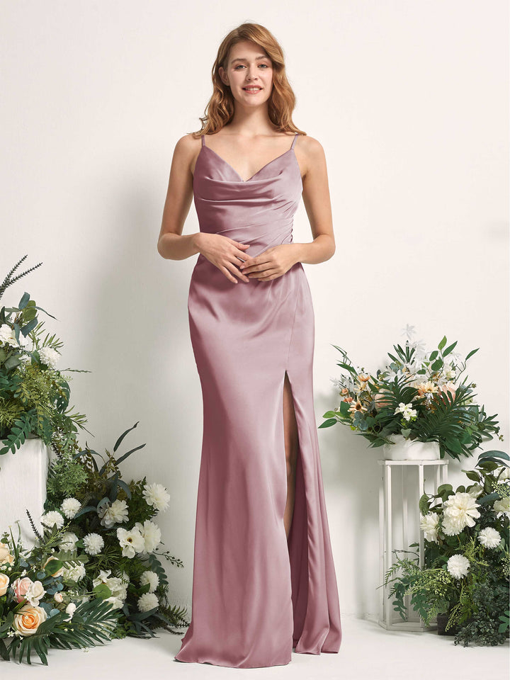 Rose Quartz Bridesmaid Dresses Bridesmaid Dress Mermaid/Trumpet Satin Spaghetti-straps Full Length Sleeveless Wedding Party Dress (80225966)