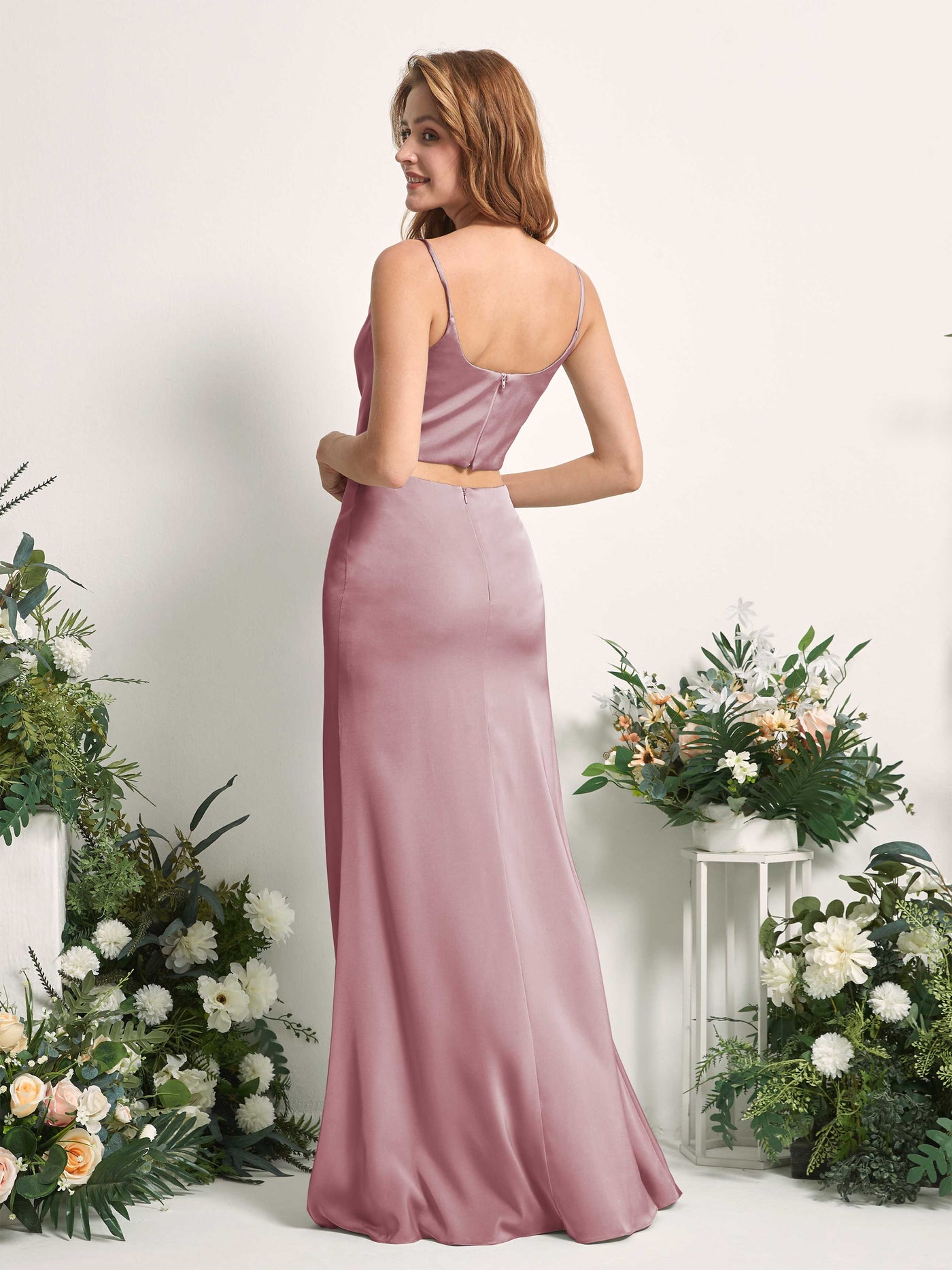 Rose Quartz Bridesmaid Dresses Bridesmaid Dress Mermaid/Trumpet Satin Spaghetti-straps Full Length Sleeveless Wedding Party Dress (80226266)#color_rose-quartz