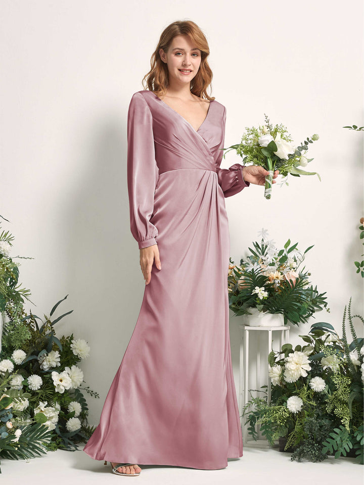 Rose Quartz Bridesmaid Dresses Bridesmaid Dress Ball Gown Satin V-neck Full Length Long Sleeves Wedding Party Dress (80225166)