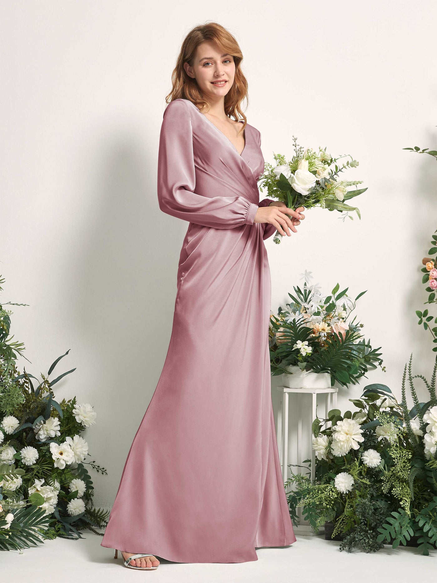 Rose Quartz Bridesmaid Dresses Bridesmaid Dress Ball Gown Satin V-neck Full Length Long Sleeves Wedding Party Dress (80225166)#color_rose-quartz