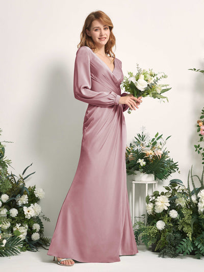 Carlyna Taylor Mermaid Rose Quartz Satin Bridesmaid Dress Maxi Long Sleeve V-Neck Side View 2 #color_rose-quartz