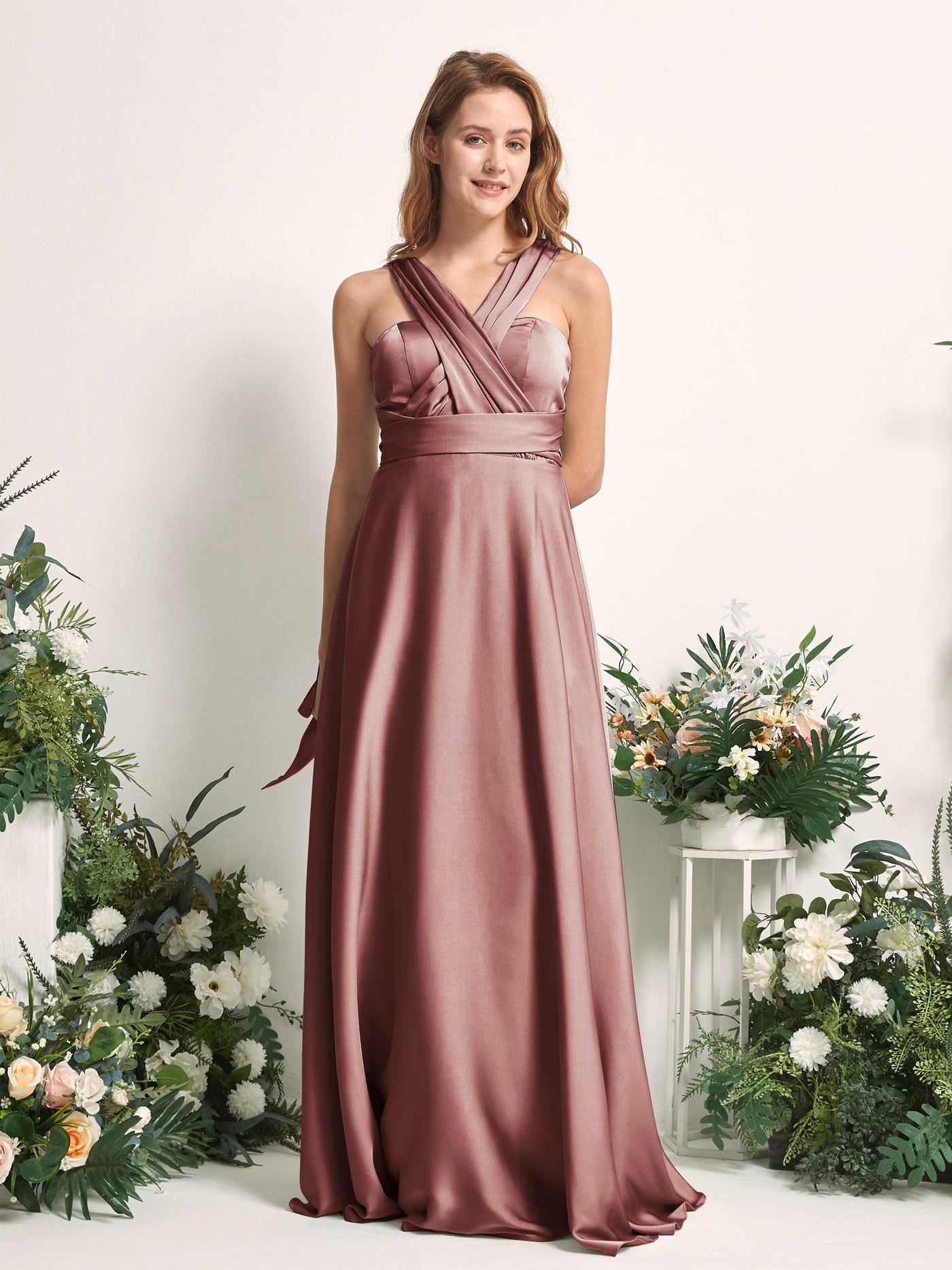 Desert Rose Bridesmaid Dresses Bridesmaid Dress A-line Satin Halter Full Length Short Sleeves Wedding Party Dress (81226417)#color_desert-rose