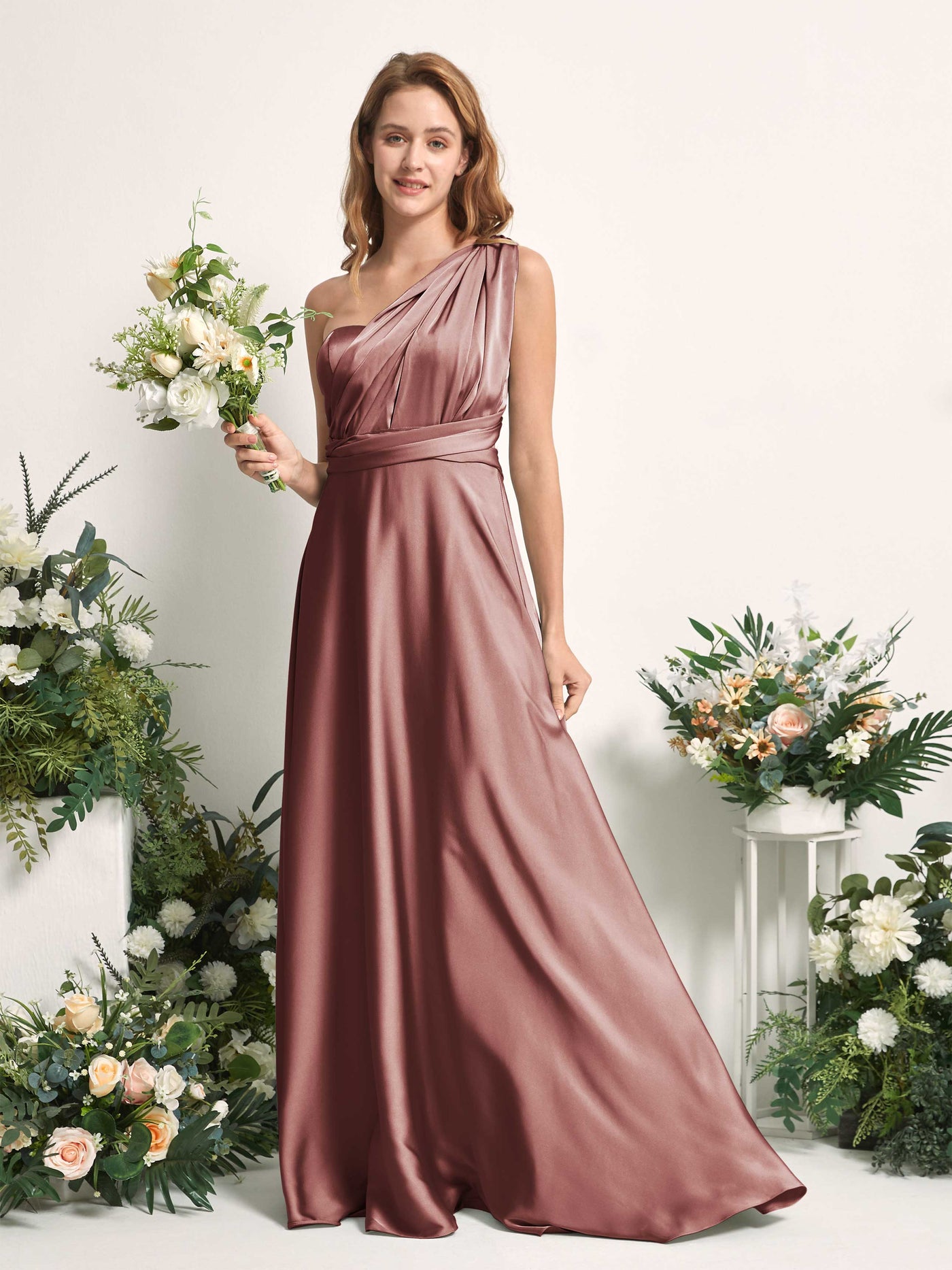 Desert Rose Bridesmaid Dresses Bridesmaid Dress A-line Satin Halter Full Length Short Sleeves Wedding Party Dress (81226417)#color_desert-rose