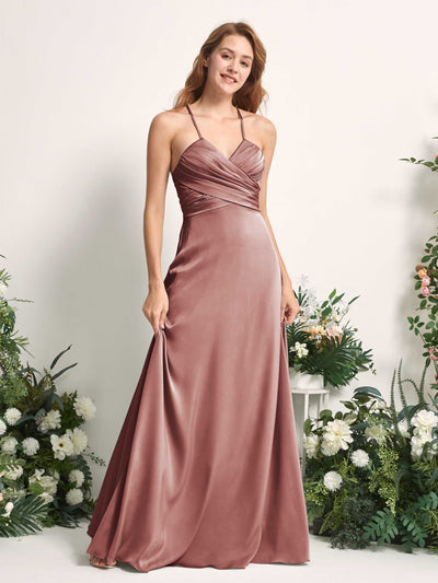 Carlyna Allison A-Line Desert Rose Satin Bridesmaid Dress Maxi Sleeveless V-Neck Dress Side View 2 #color_desert-rose