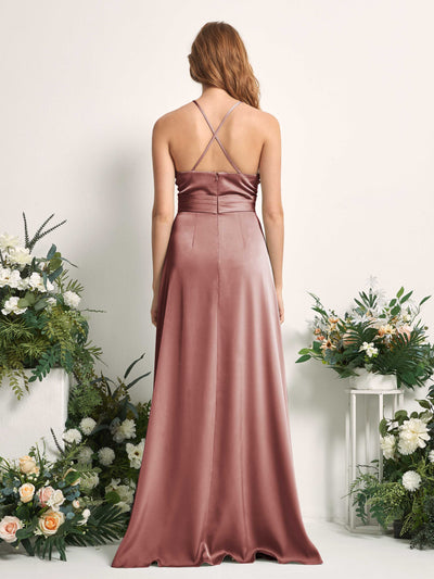 Carlyna Allison A-Line Desert Rose Satin Bridesmaid Dress Maxi Sleeveless V-Neck Dress Back View #color_desert-rose