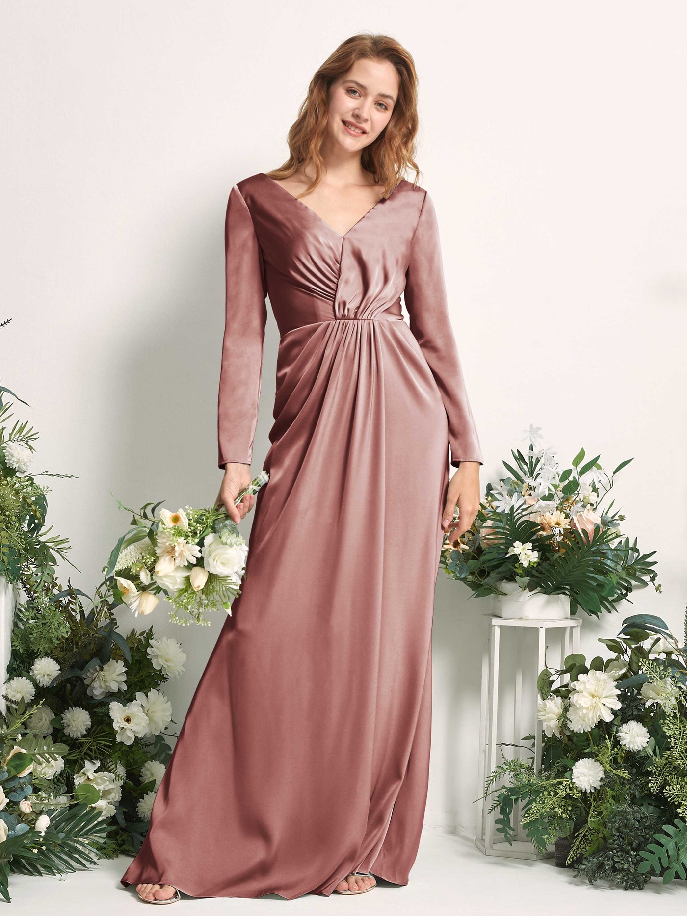 Desert Rose Bridesmaid Dresses Bridesmaid Dress A-line Satin V-neck Full Length Long Sleeves Wedding Party Dress (80225817)#color_desert-rose