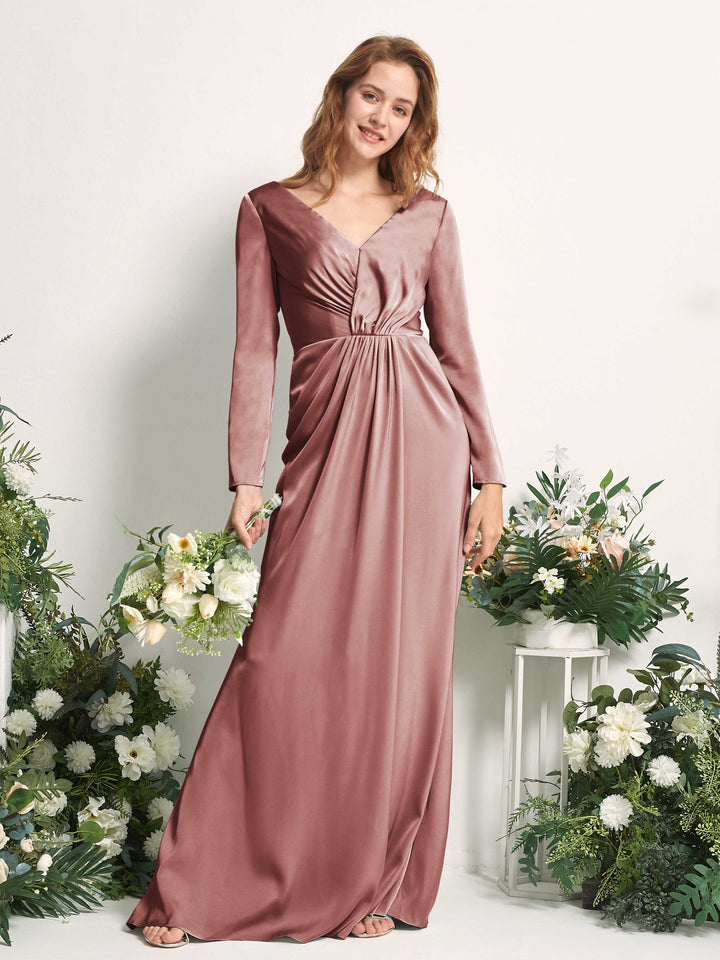 Desert Rose Bridesmaid Dresses Bridesmaid Dress A-line Satin V-neck Full Length Long Sleeves Wedding Party Dress (80225817)