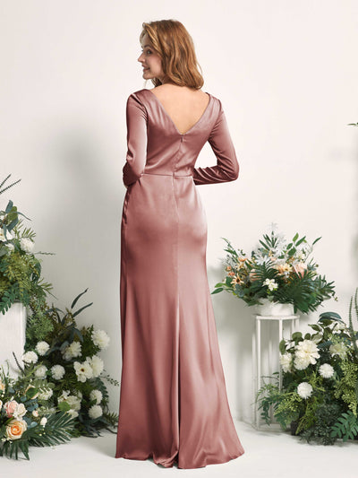 Carlyna Alicia Mermaid Desert Rose Satin Bridesmaid Dress Maxi Long Sleeve V-Neck Back View #color_desert-rose
