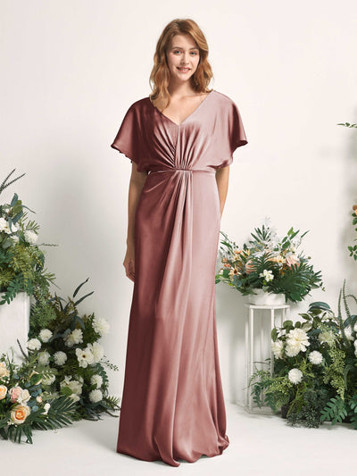 Carlyna Bailey A-Line Desert Rose Satin Bridesmaid Dress Maxi Cap Sleeve V-Neck Dress Front View #color_desert-rose
