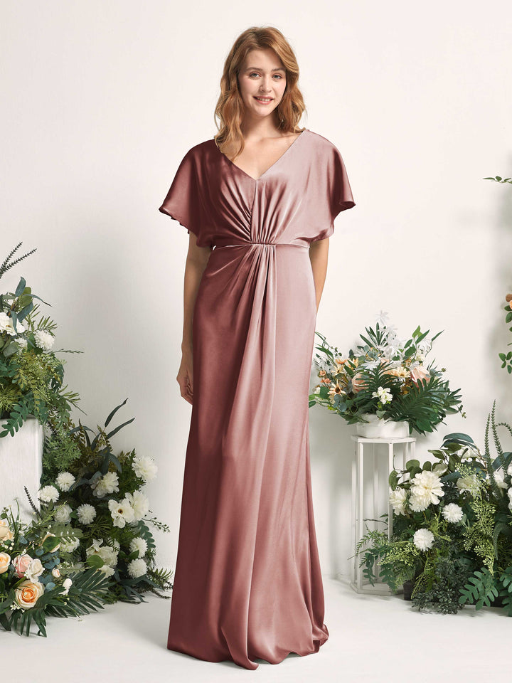 Desert Rose Bridesmaid Dresses Bridesmaid Dress A-line Satin V-neck Full Length Short Sleeves Wedding Party Dress (80225517)