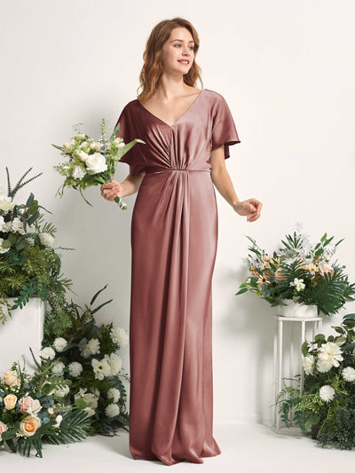 Carlyna Bailey A-Line Desert Rose Satin Bridesmaid Dress Maxi Cap Sleeve V-Neck Dress Side View 2 #color_desert-rose