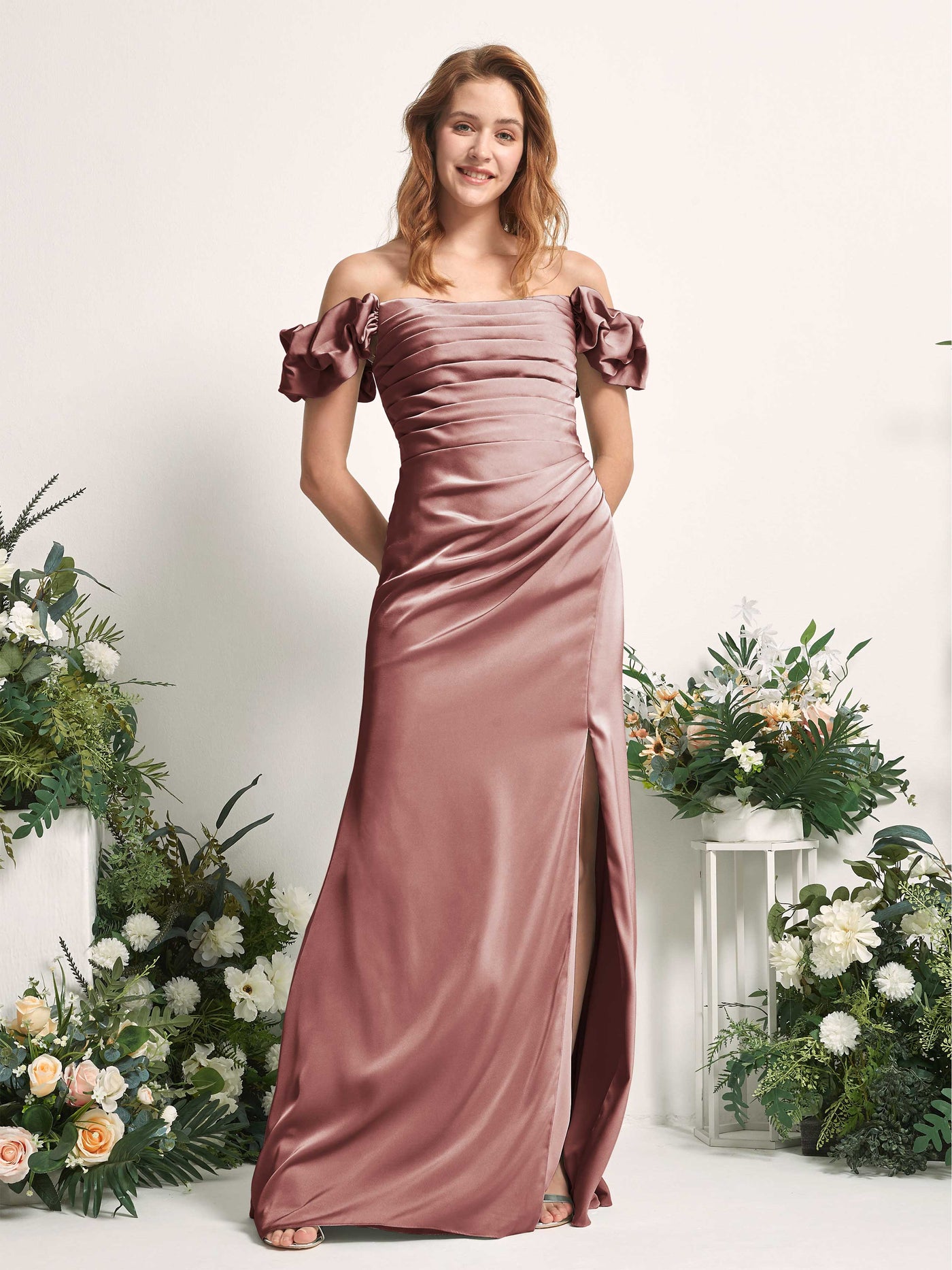Desert Rose Bridesmaid Dresses Bridesmaid Dress A-line Satin Off Shoulder Full Length Short Sleeves Wedding Party Dress (80226417)#color_desert-rose
