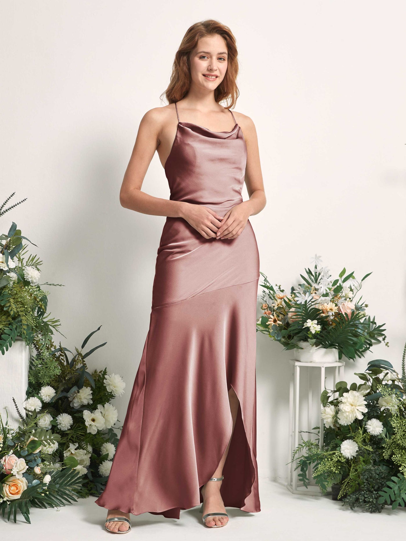Green Olive Satin Bridesmaid Dress Mermaid Maxi Cowl Neck