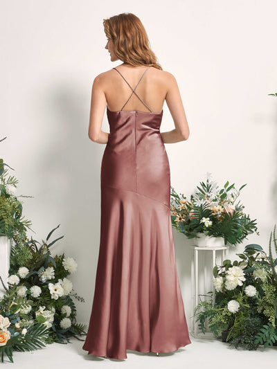 Carlyna Florence Mermaid Desert Rose Satin Bridesmaid Dress Maxi Sleeveless Cowl Neck Dress Back View #color_desert-rose