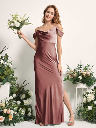 Carlyna Alexis Mermaid Desert Rose Satin Bridesmaid Dress Maxi Sleeveless Cowl Neck Dress Front View #color_desert-rose