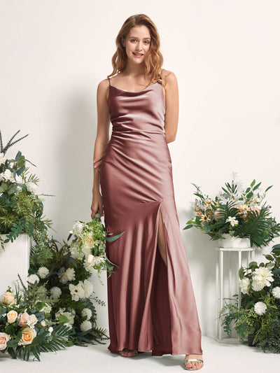Carlyna Miranda Mermaid Desert Rose Satin Bridesmaid Dress Maxi Sleeveless Cowl Neck Dress Front View #color_desert-rose