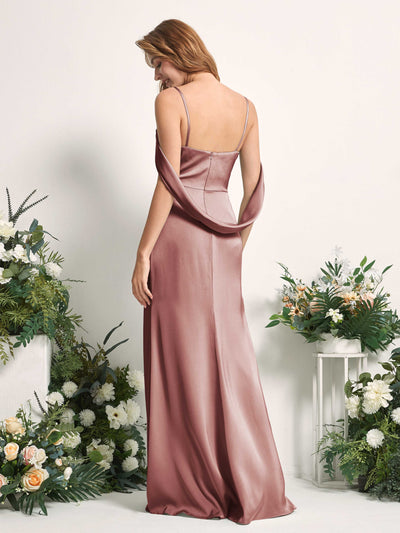 Carlyna Freya Mermaid Desert Rose Satin Bridesmaid Dress Maxi Sleeveless V-Neck Dress Back View #color_desert-rose