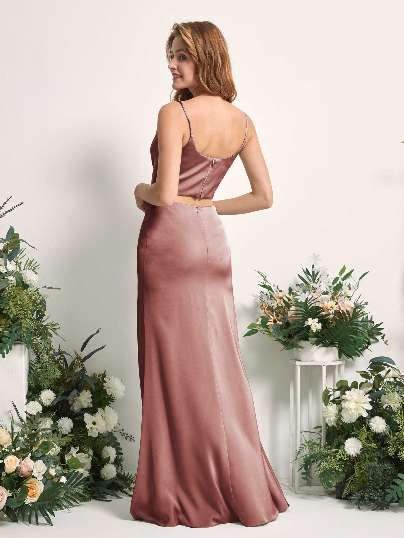 Desert Rose Bridesmaid Dresses Bridesmaid Dress Mermaid/Trumpet Satin Spaghetti-straps Full Length Sleeveless Wedding Party Dress (80226217)#color_desert-rose