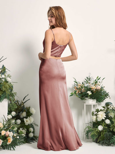 Carlyna Felicity Two-Piece Desert Rose Satin Bridesmaid Dress Maxi Sleeveless Cowl Neck Dress Back View #color_desert-rose