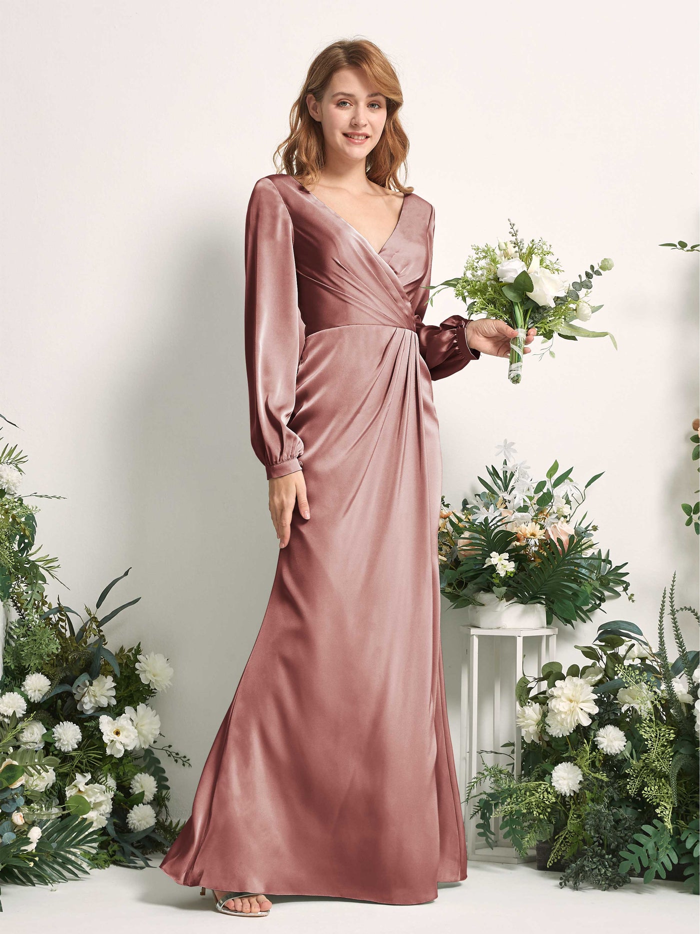 Desert Rose Bridesmaid Dresses Bridesmaid Dress Ball Gown Satin V-neck Full Length Long Sleeves Wedding Party Dress (80225117)#color_desert-rose