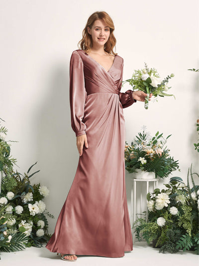 Carlyna Taylor Mermaid Desert Rose Satin Bridesmaid Dress Maxi Long Sleeve V-Neck Front View #color_desert-rose