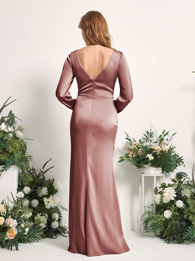 Carlyna Taylor Mermaid Desert Rose Satin Bridesmaid Dress Maxi Long Sleeve V-Neck Back View #color_desert-rose