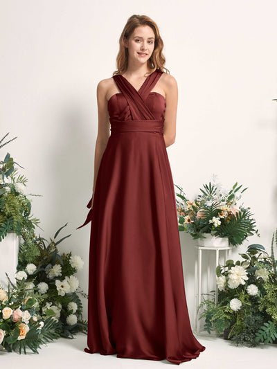 Carlyna Mirabelle Convertible Burgundy Satin Bridesmaid Dress Maxi Sleeveless Sweetheart Dress Front View #color_burgundy