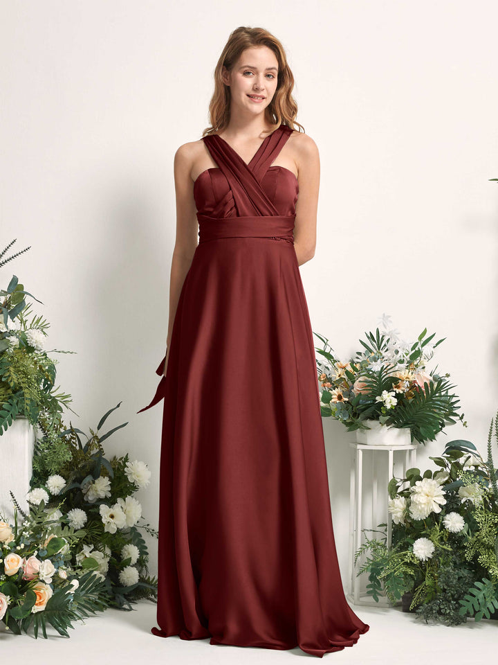 Burgundy Bridesmaid Dresses Bridesmaid Dress A-line Satin Halter Full Length Short Sleeves Wedding Party Dress (81226468)