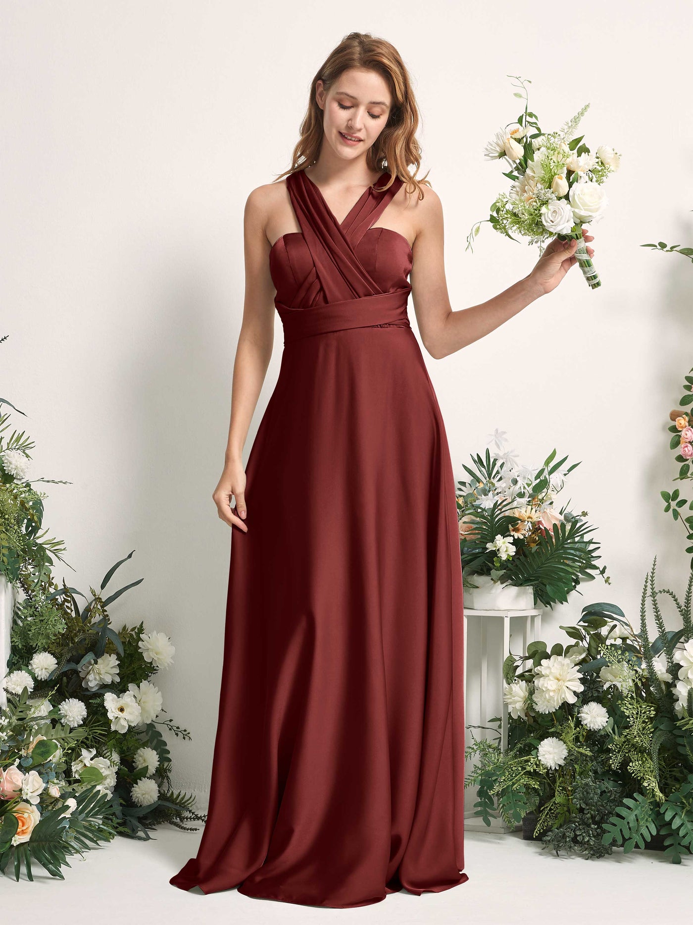 Burgundy Bridesmaid Dresses Bridesmaid Dress A-line Satin Halter Full Length Short Sleeves Wedding Party Dress (81226468)#color_burgundy