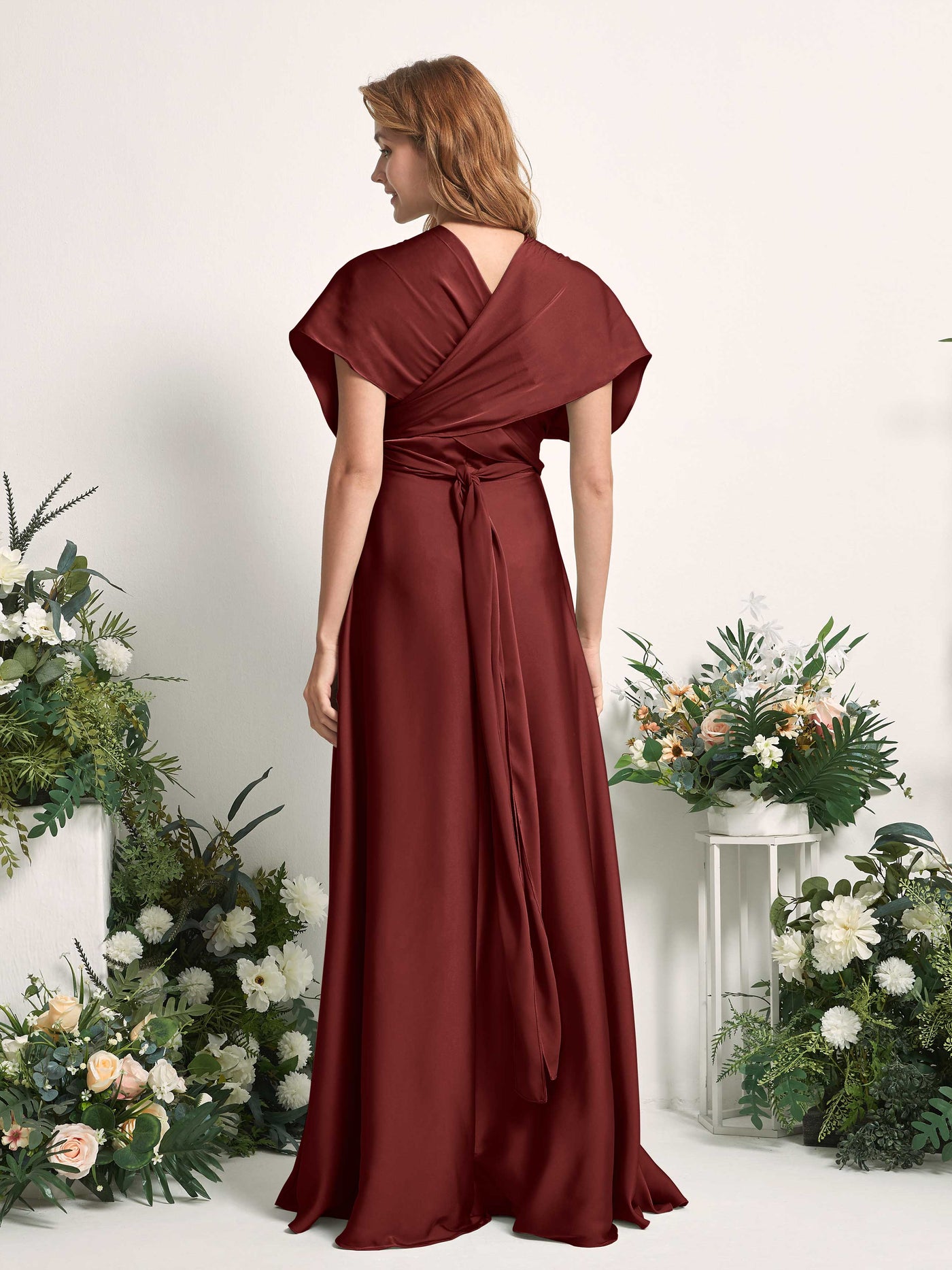 Burgundy Bridesmaid Dresses Bridesmaid Dress A-line Satin Halter Full Length Short Sleeves Wedding Party Dress (81226468)#color_burgundy