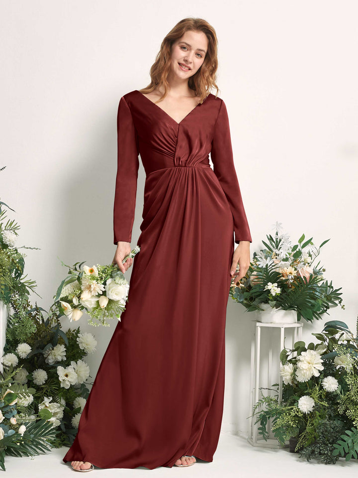 Burgundy Bridesmaid Dresses Bridesmaid Dress A-line Satin V-neck Full Length Long Sleeves Wedding Party Dress (80225868)
