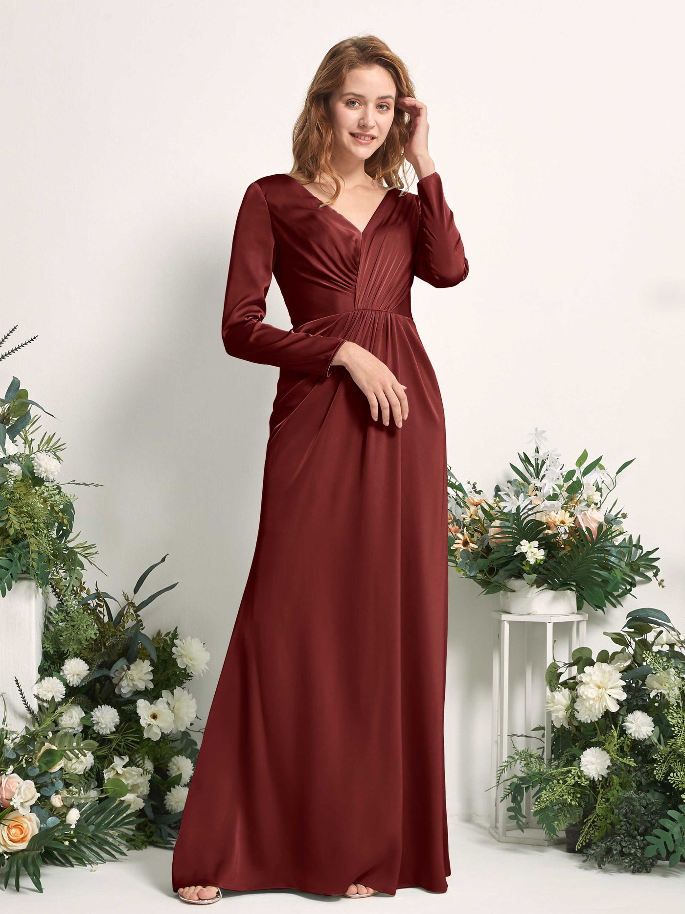Burgundy Bridesmaid Dresses Bridesmaid Dress A-line Satin V-neck Full Length Long Sleeves Wedding Party Dress (80225868)#color_burgundy