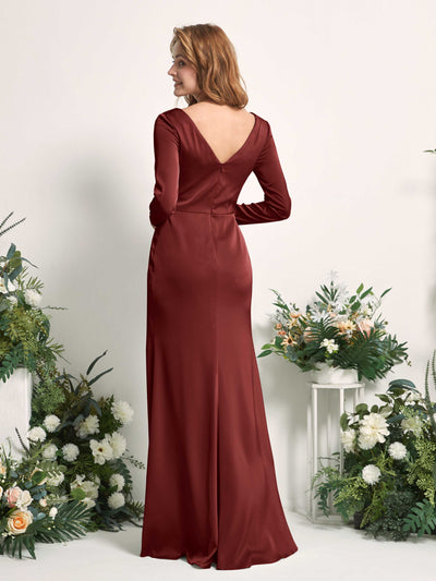 Carlyna Alicia Mermaid Burgundy Satin Bridesmaid Dress Maxi Long Sleeve V-Neck Back View #color_burgundy
