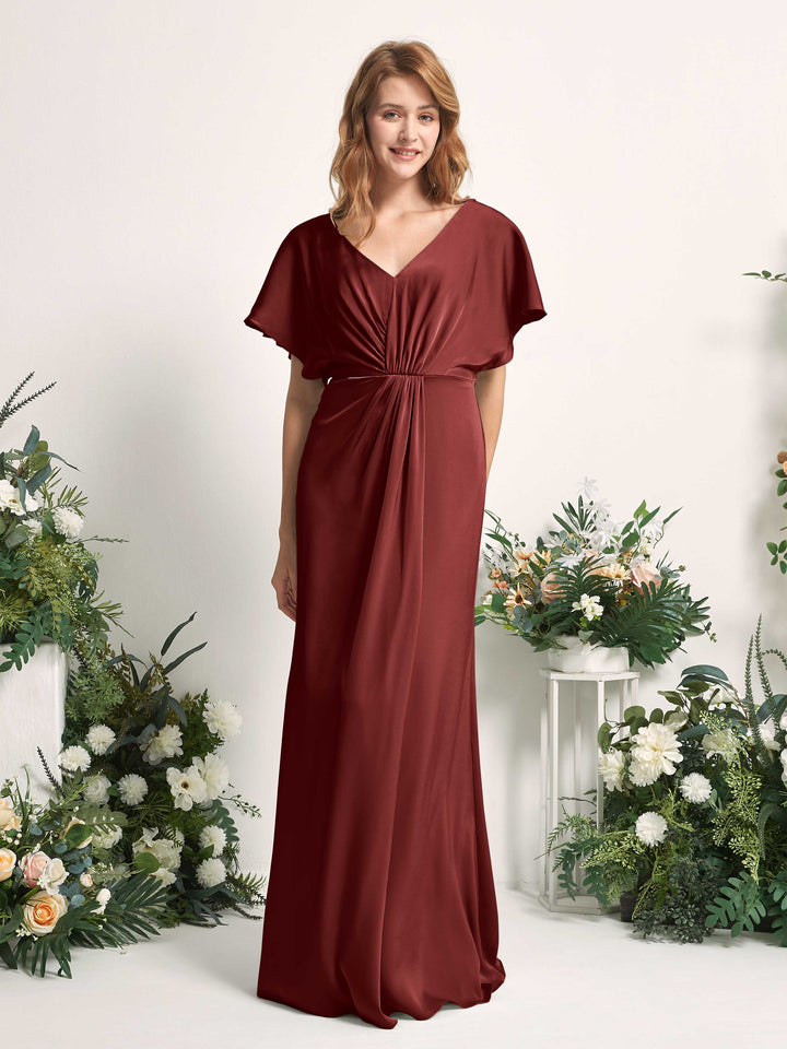 Burgundy Bridesmaid Dresses Bridesmaid Dress A-line Satin V-neck Full Length Short Sleeves Wedding Party Dress (80225568)