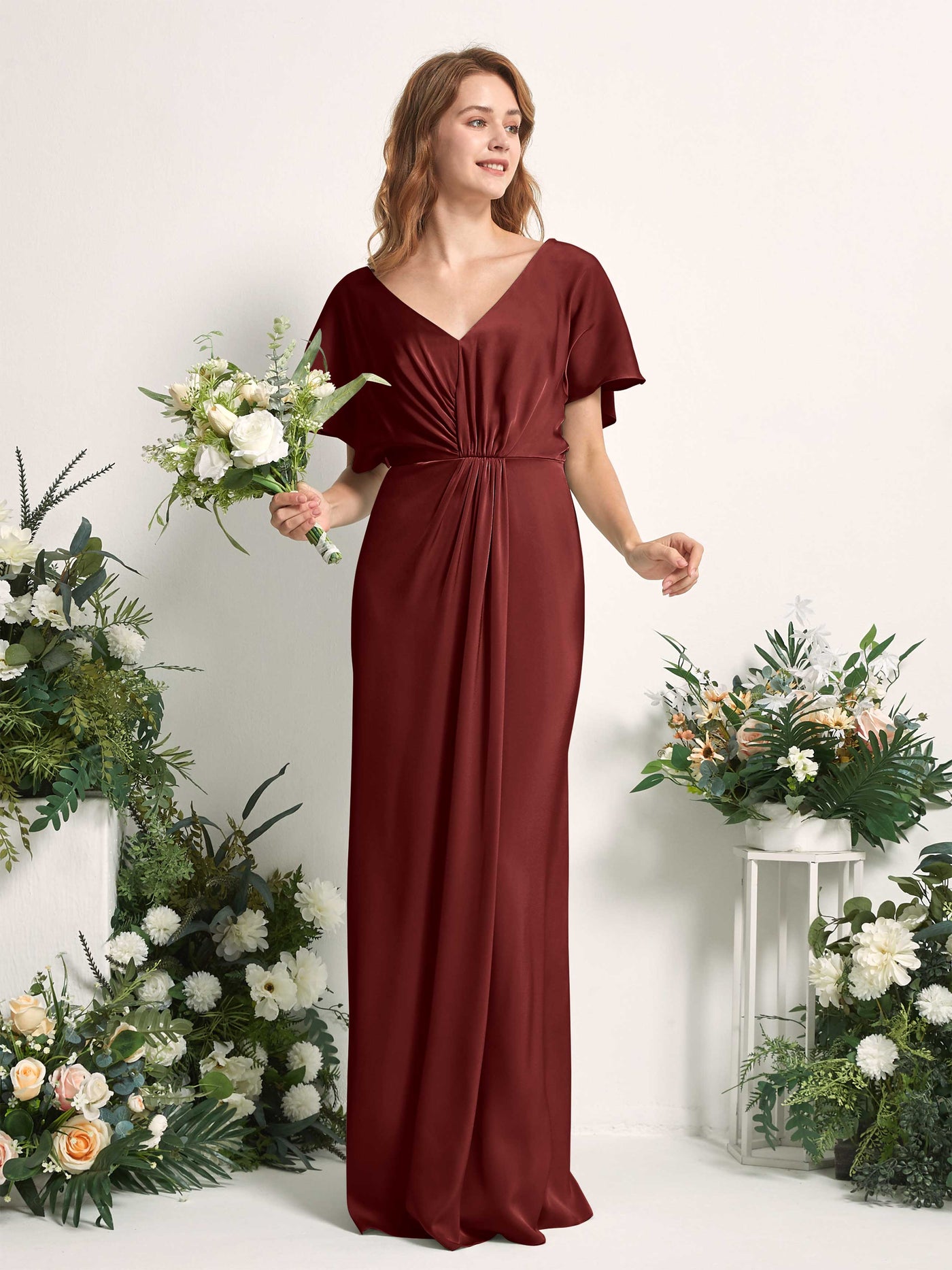 Burgundy Bridesmaid Dresses Bridesmaid Dress A-line Satin V-neck Full Length Short Sleeves Wedding Party Dress (80225568)#color_burgundy