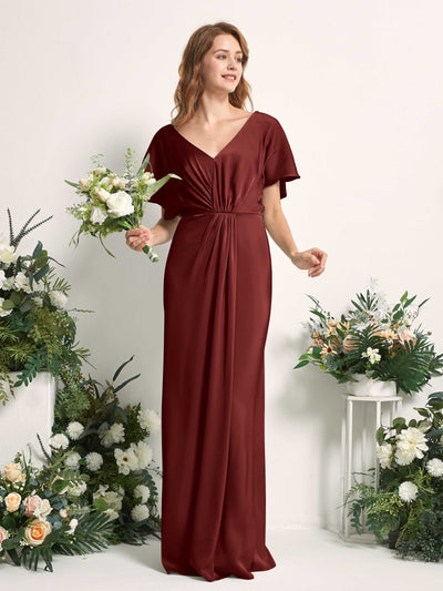 Carlyna Bailey A-Line Burgundy Satin Bridesmaid Dress Maxi Cap Sleeve V-Neck Dress Side View 2 #color_burgundy