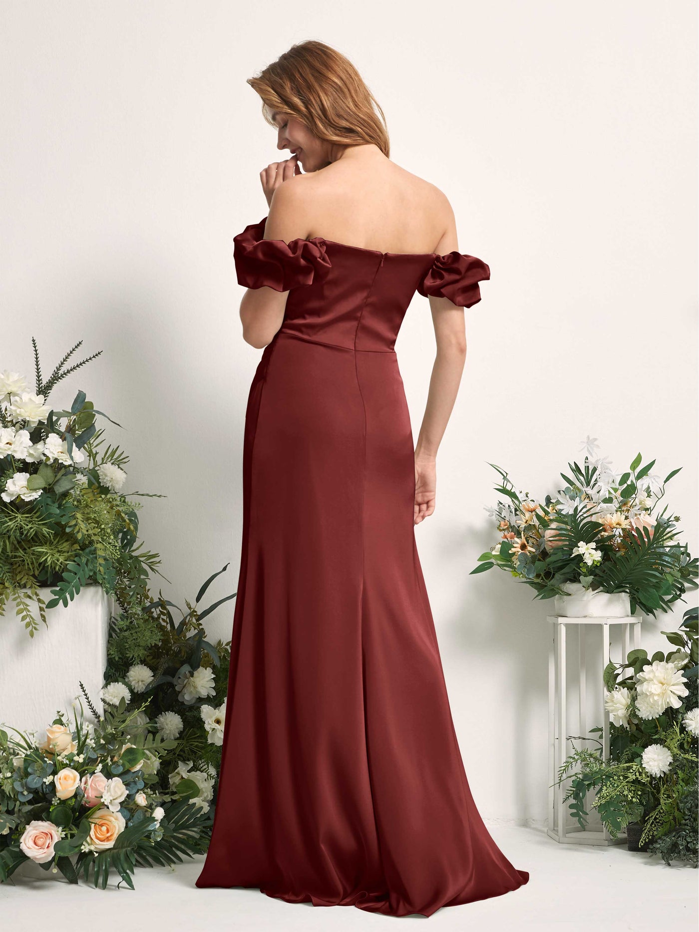 Burgundy Bridesmaid Dresses Bridesmaid Dress A-line Satin Off Shoulder Full Length Short Sleeves Wedding Party Dress (80226468)#color_burgundy