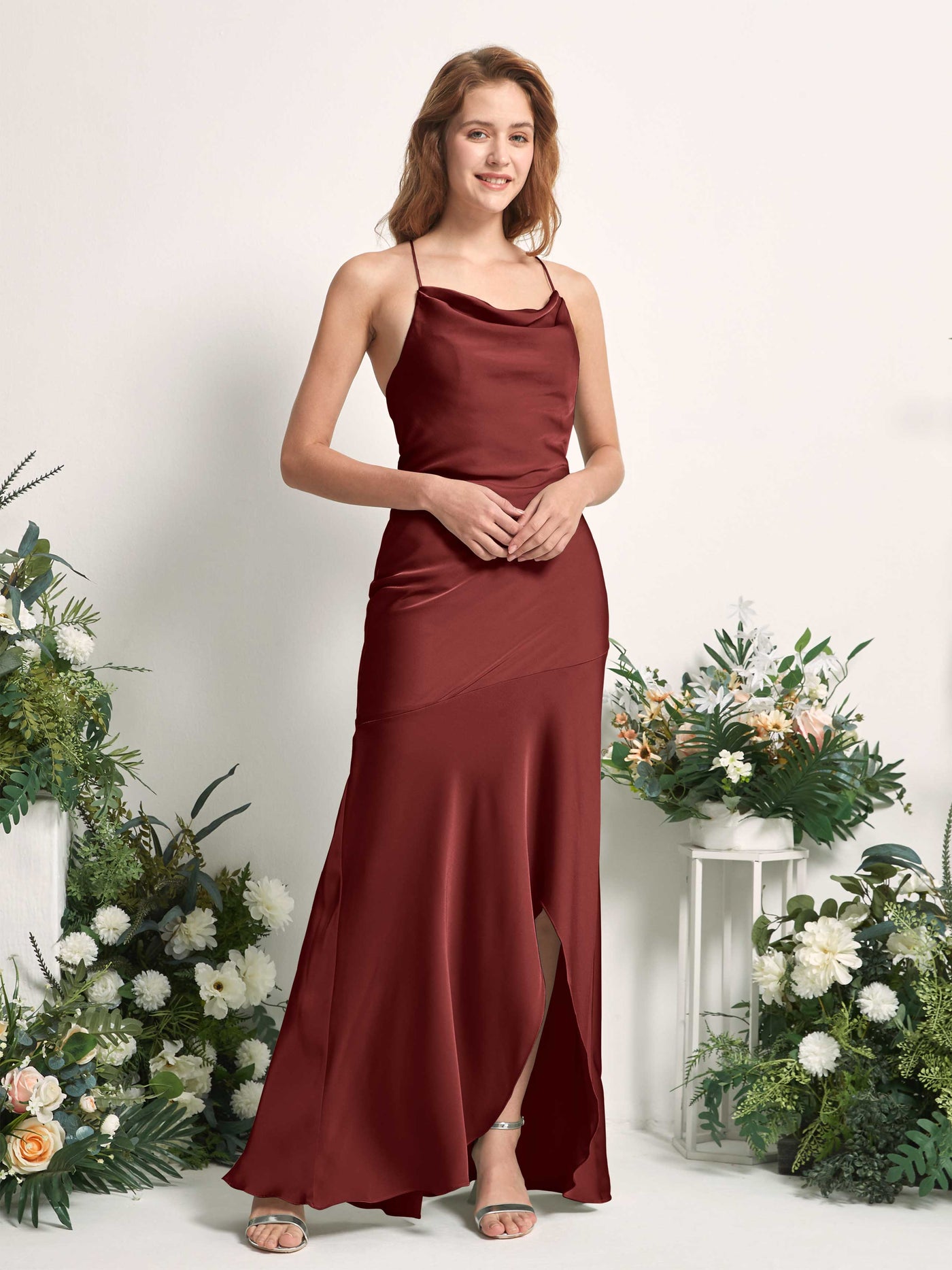 Burgundy Bridesmaid Dresses Bridesmaid Dress Mermaid/Trumpet Satin Spaghetti-straps High Low Sleeveless Wedding Party Dress (80226168)#color_burgundy