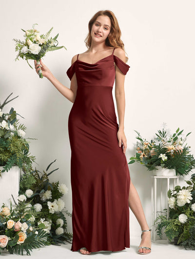 Carlyna Alexis Mermaid Burgundy Satin Bridesmaid Dress Maxi Sleeveless Cowl Neck Dress Front View #color_burgundy