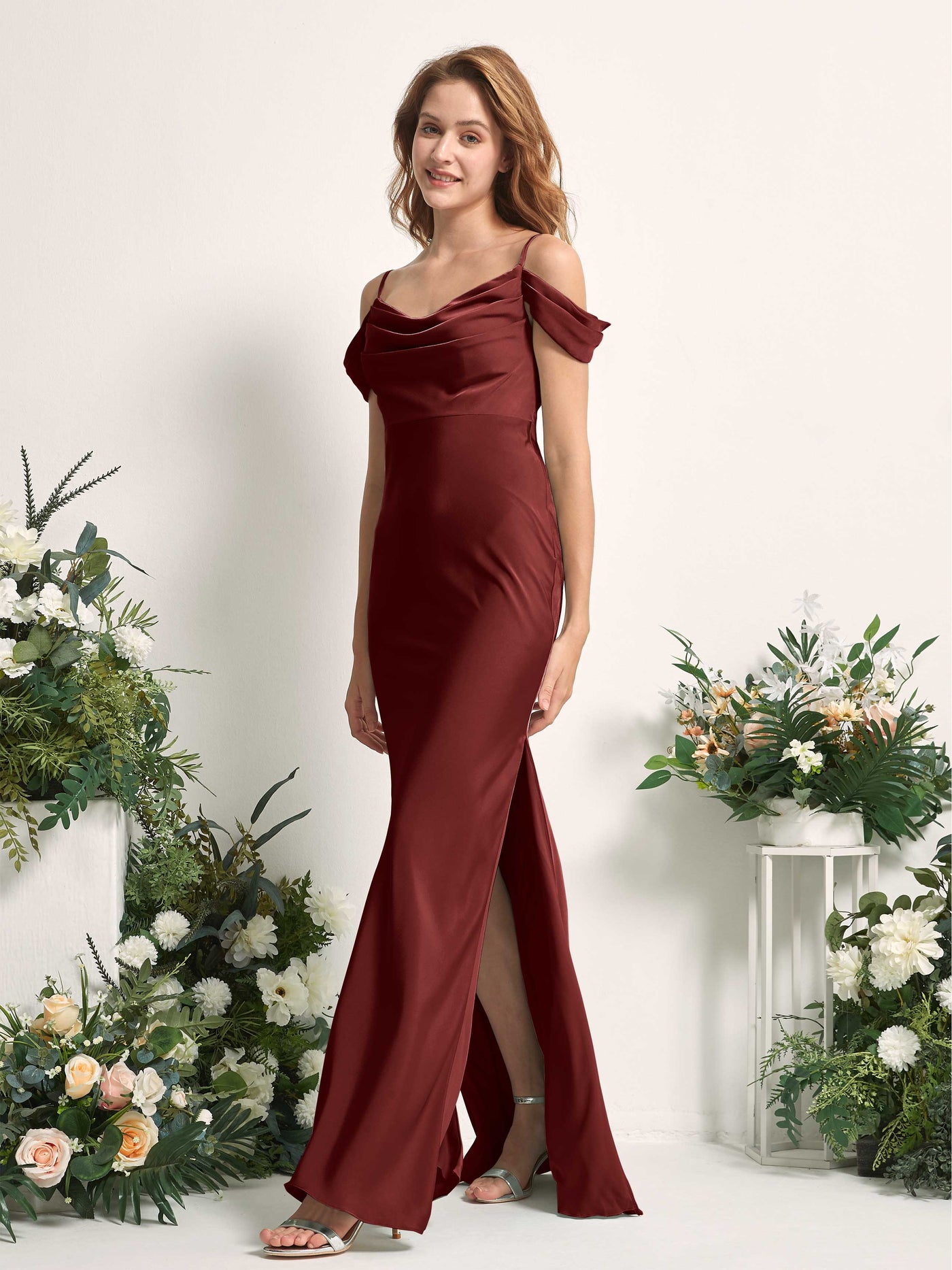 Burgundy Bridesmaid Dresses Bridesmaid Dress Mermaid/Trumpet Satin Off Shoulder Full Length Sleeveless Wedding Party Dress (80225368)#color_burgundy