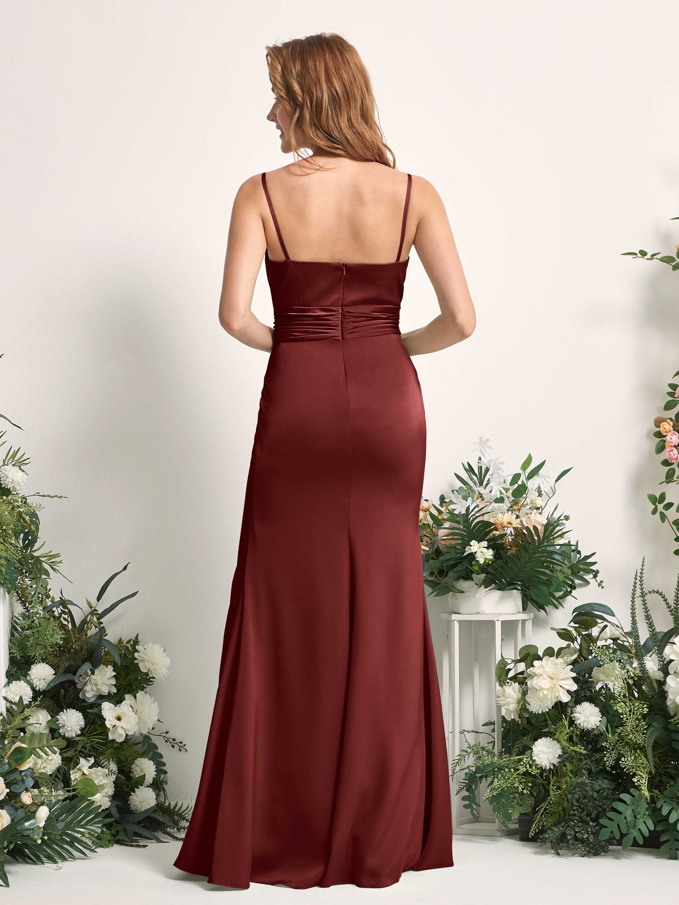 Burgundy Bridesmaid Dresses Bridesmaid Dress Mermaid/Trumpet Satin Spaghetti-straps Full Length Sleeveless Wedding Party Dress (80226368)#color_burgundy