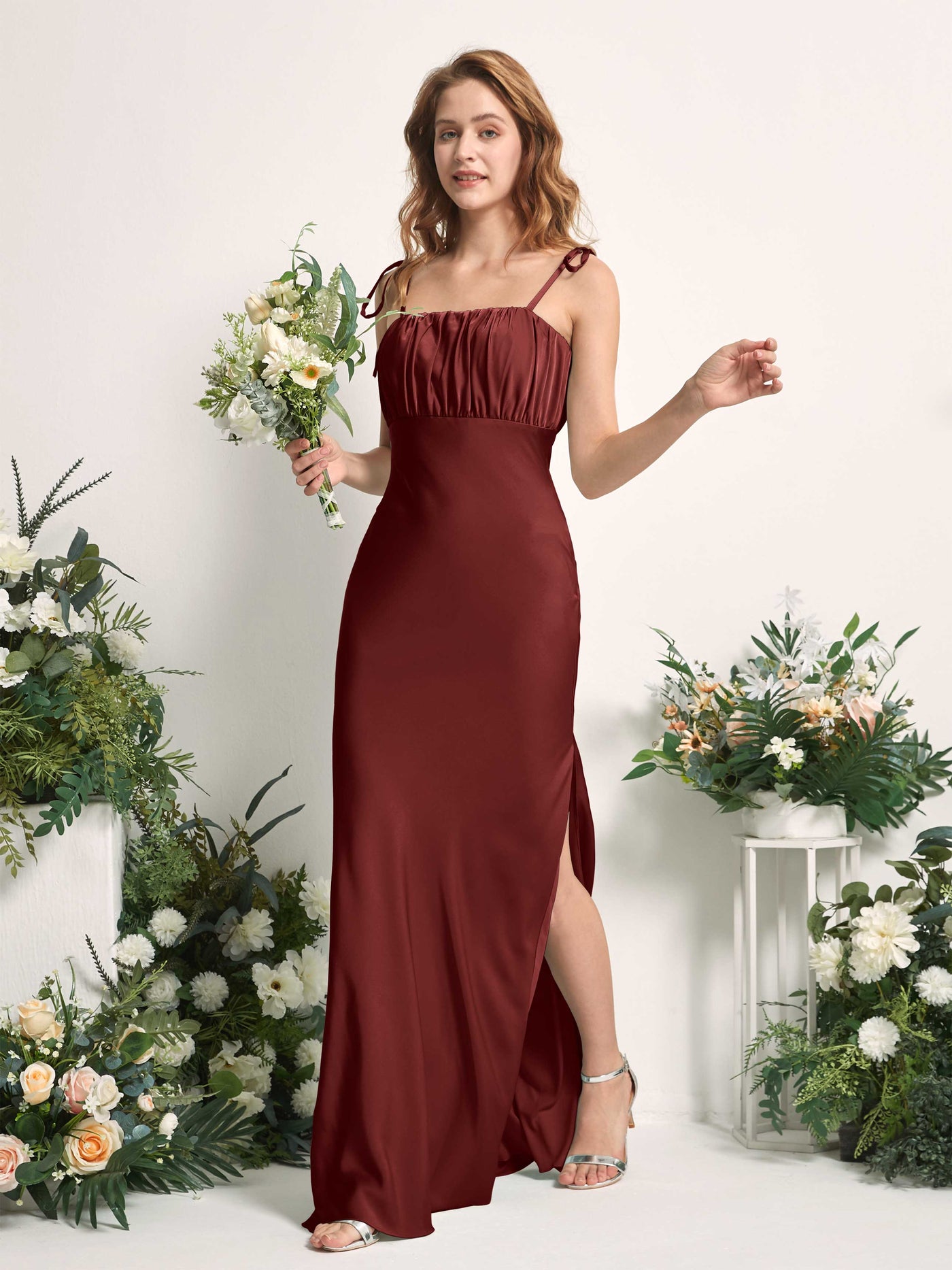 Burgundy Bridesmaid Dresses Bridesmaid Dress Mermaid/Trumpet Satin Spaghetti-straps Full Length Sleeveless Wedding Party Dress (80225468)#color_burgundy