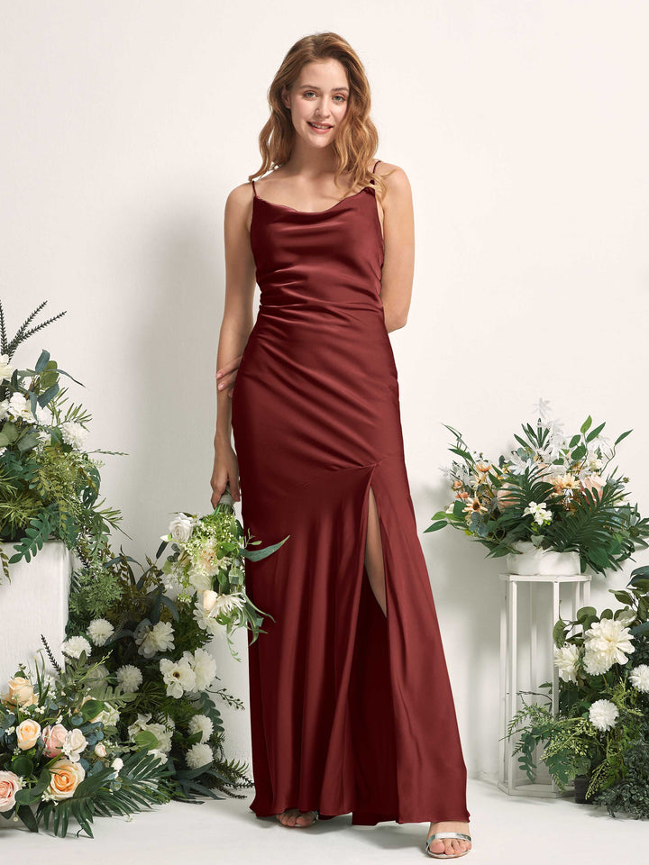 Burgundy Bridesmaid Dresses Bridesmaid Dress Mermaid/Trumpet Satin Spaghetti-straps Full Length Sleeveless Wedding Party Dress (80225668)