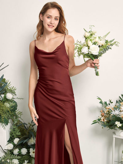 Carlyna Miranda Mermaid Burgundy Satin Bridesmaid Dress Maxi Sleeveless Cowl Neck Dress Side View 2 #color_burgundy