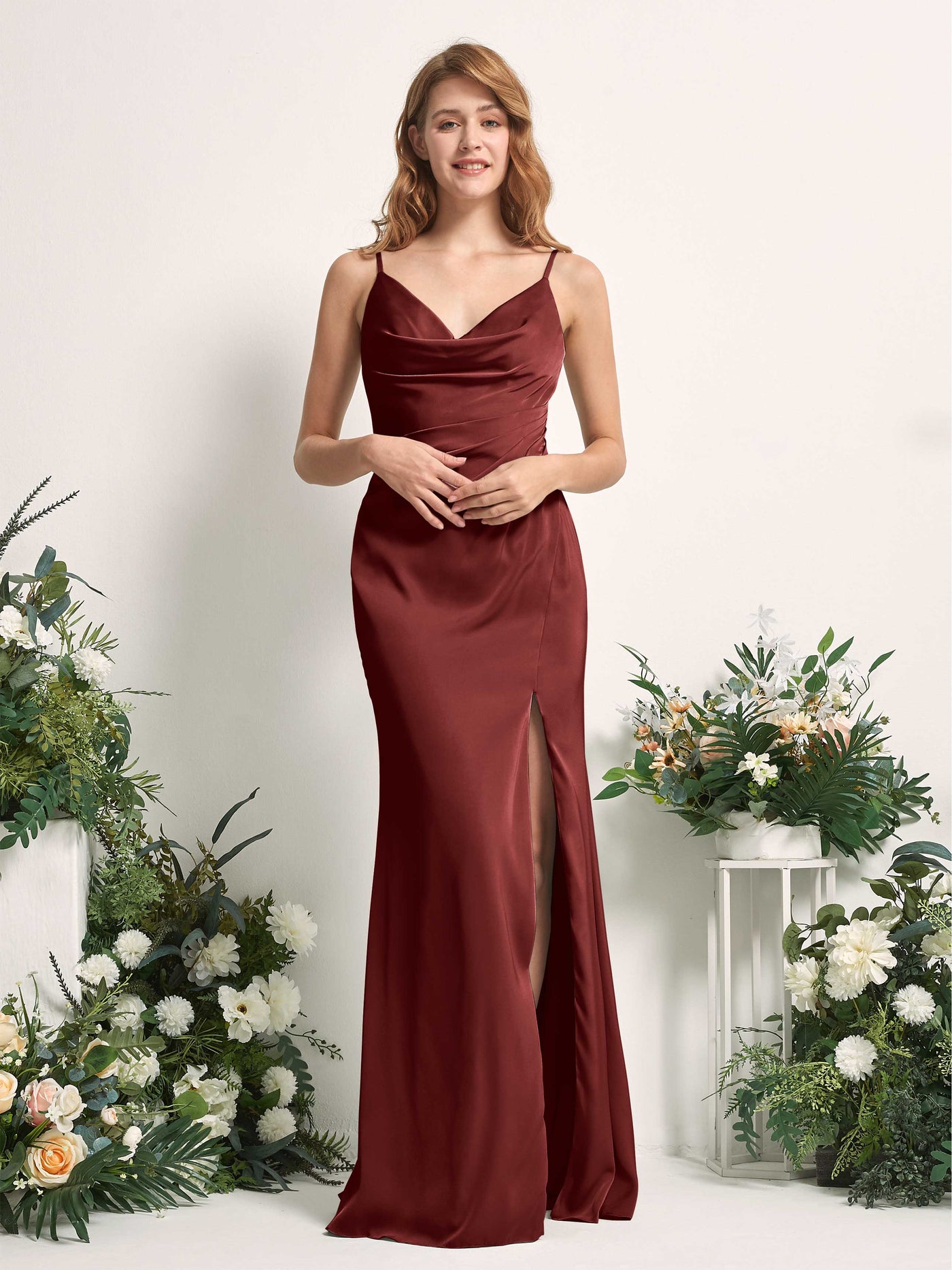 Burgundy Bridesmaid Dresses Bridesmaid Dress Mermaid/Trumpet Satin Spaghetti-straps Full Length Sleeveless Wedding Party Dress (80225968)#color_burgundy