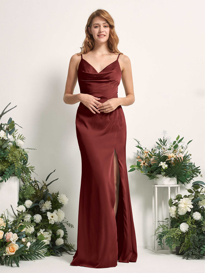 Burgundy Bridesmaid Dresses Bridesmaid Dress Mermaid/Trumpet Satin Spaghetti-straps Full Length Sleeveless Wedding Party Dress (80225968)