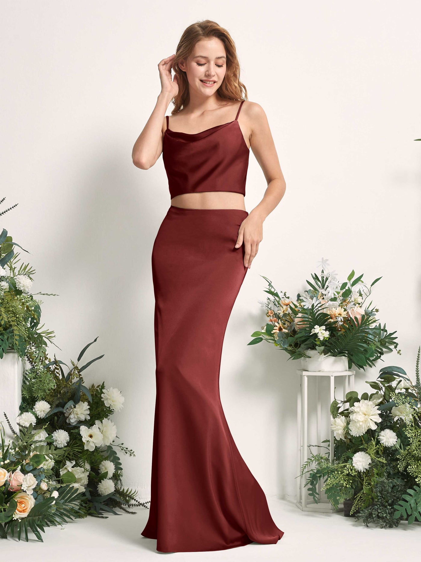 Burgundy Bridesmaid Dresses Bridesmaid Dress Mermaid/Trumpet Satin Spaghetti-straps Full Length Sleeveless Wedding Party Dress (80226268)#color_burgundy