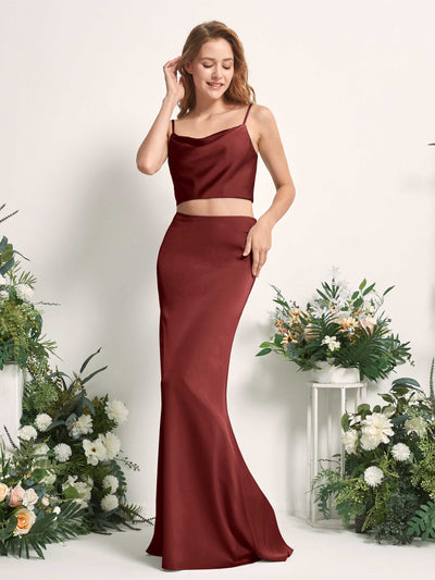 Carlyna Felicity Two-Piece Burgundy Satin Bridesmaid Dress Maxi Sleeveless Cowl Neck Dress Front View #color_burgundy