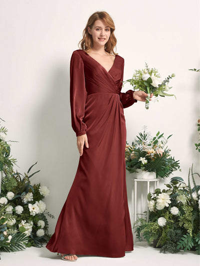 Carlyna Taylor Mermaid Burgundy Satin Bridesmaid Dress Maxi Long Sleeve V-Neck Front View #color_burgundy